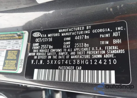 2017 Kia Optima Lx z USA, uszkodzony, nr VIN 5XXGT4L38HG124210